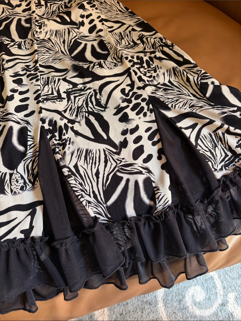 Black and Cream Animal-Print Ruffled Flared Skirt
